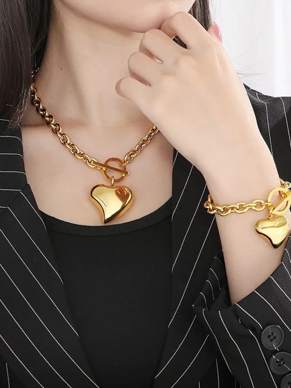 Gold Heart Toggle Chain Necklace and Bracelet Set - Women Jewelry